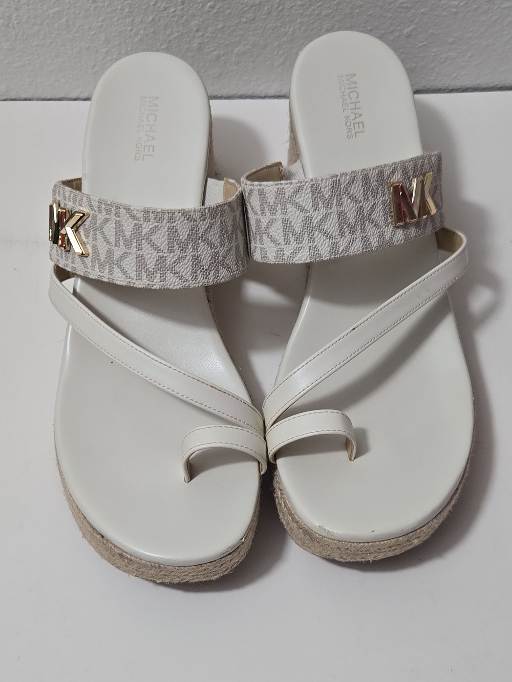 Michael Kors Off-White MK Logo Espadrille Wedge Sandals